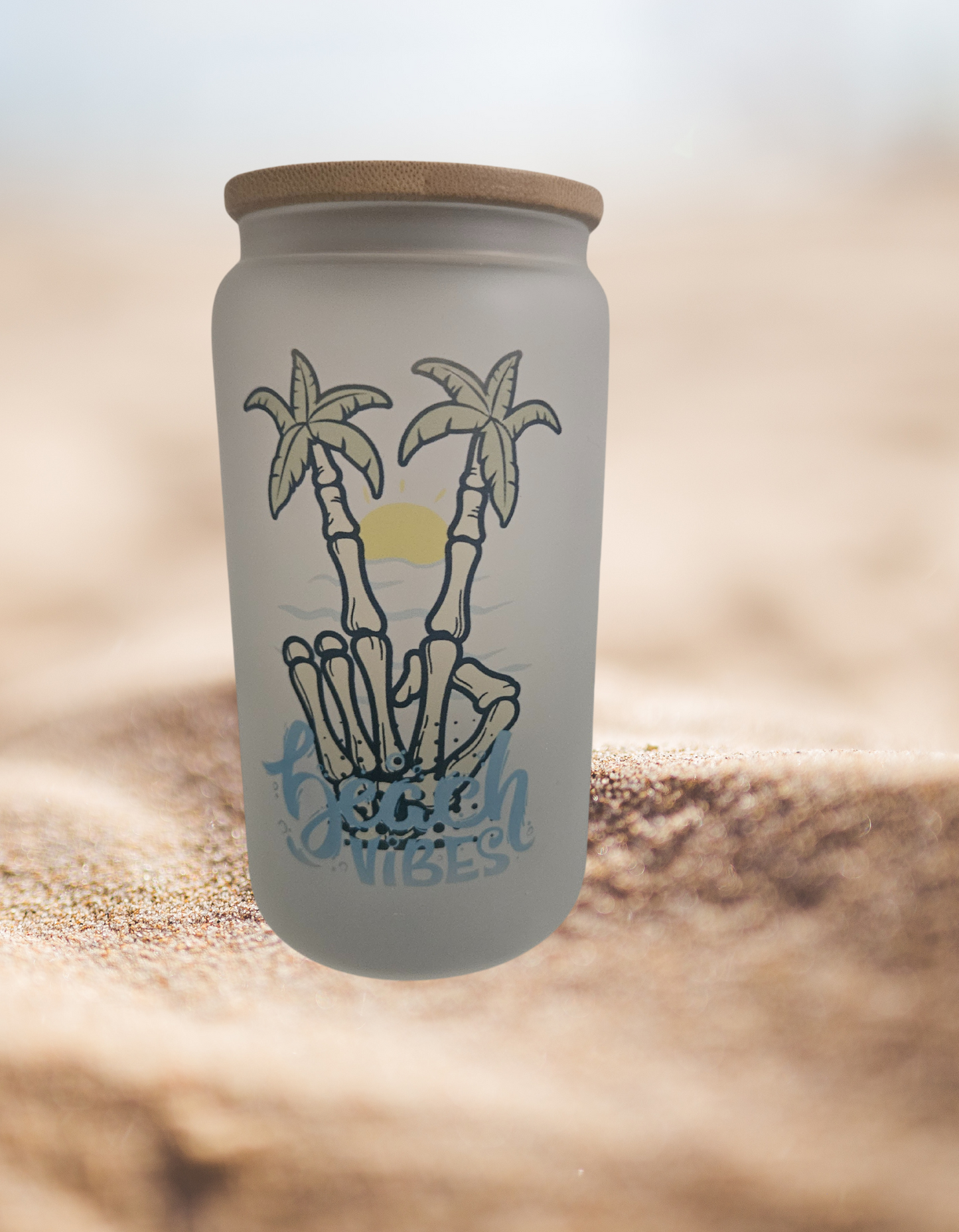Beach Vibes frosted glass tumbler W/ Bamboo Lid.