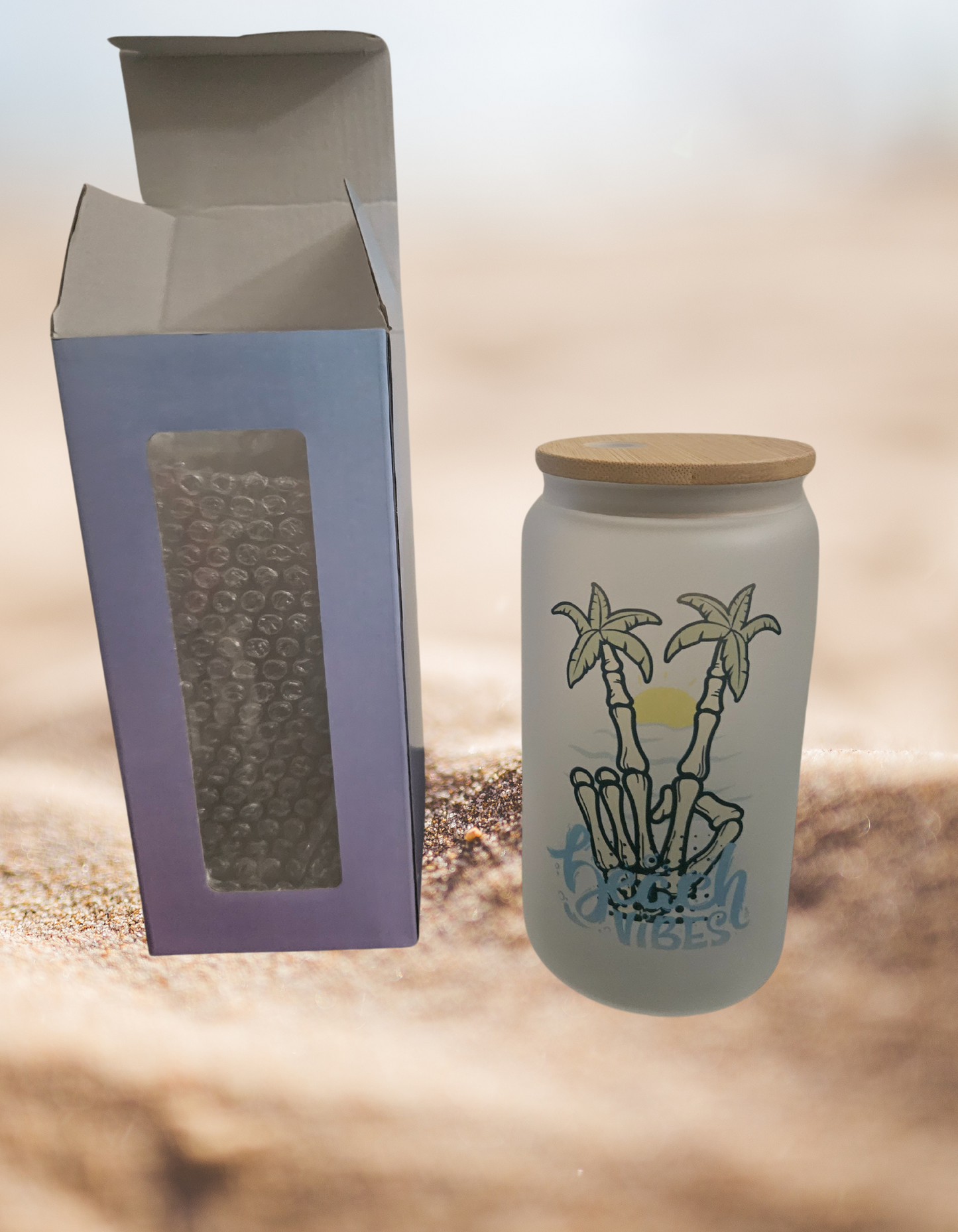 Beach Vibes frosted glass tumbler W/ Bamboo Lid.