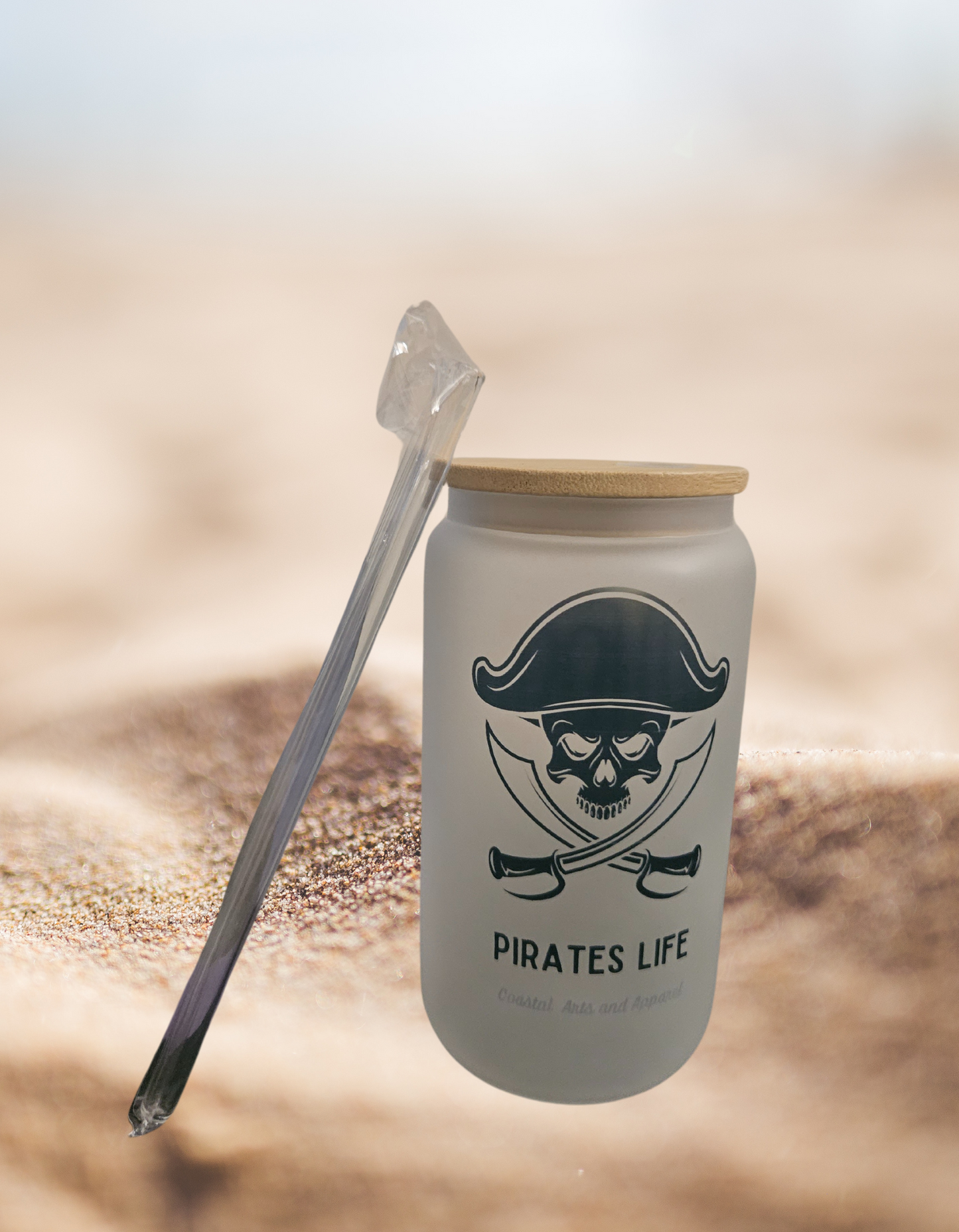 Pirate Life frosted glass tumbler W/ Bamboo Lid.