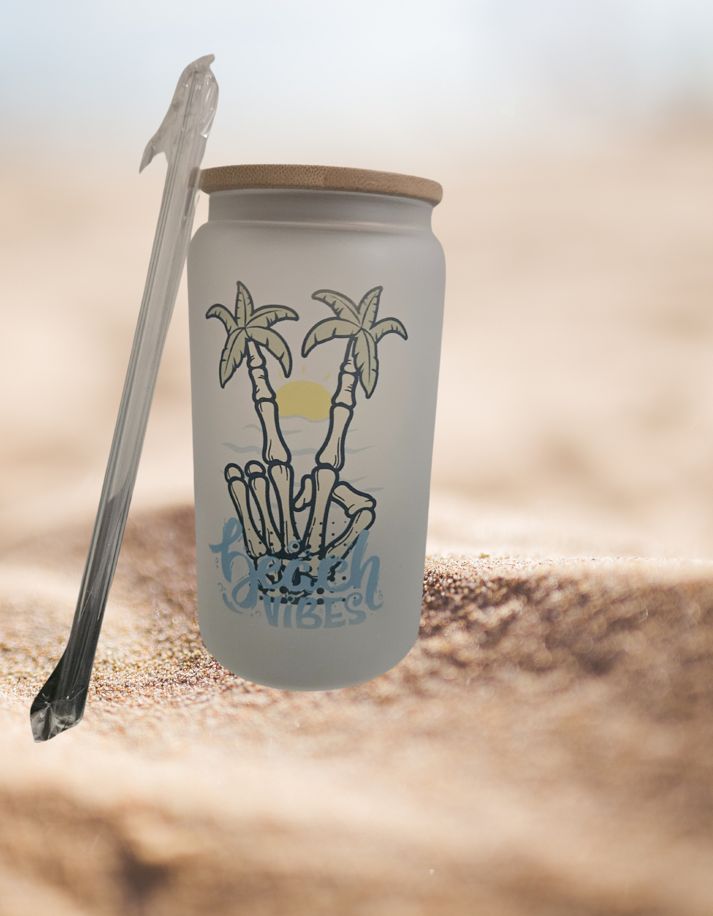 Beach Vibes frosted glass tumbler W/ Bamboo Lid.