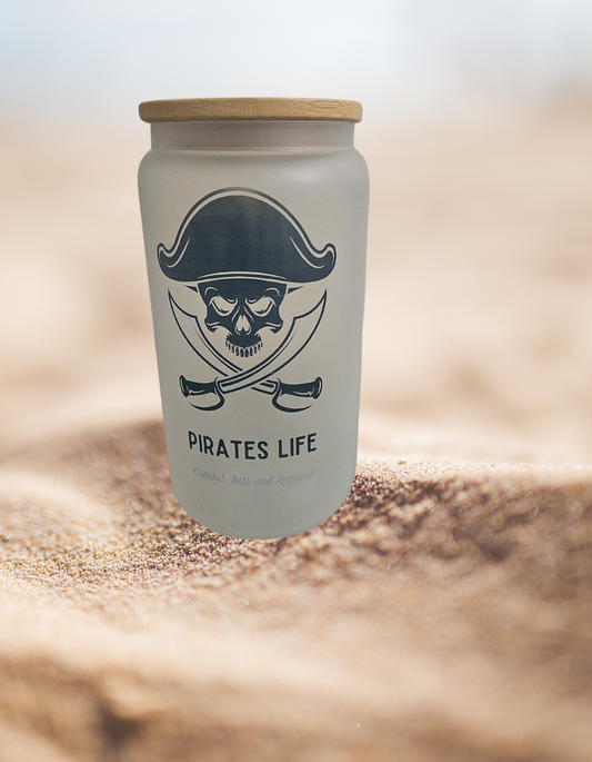 Pirate Life frosted glass tumbler W/ Bamboo Lid.